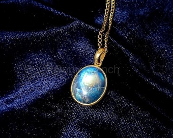 14K massief gouden maansteenhanger, geelgouden kettinghanger, juni geboortesteen sieraden, natuurlijke regenboog maansteen ovale edelsteenhanger