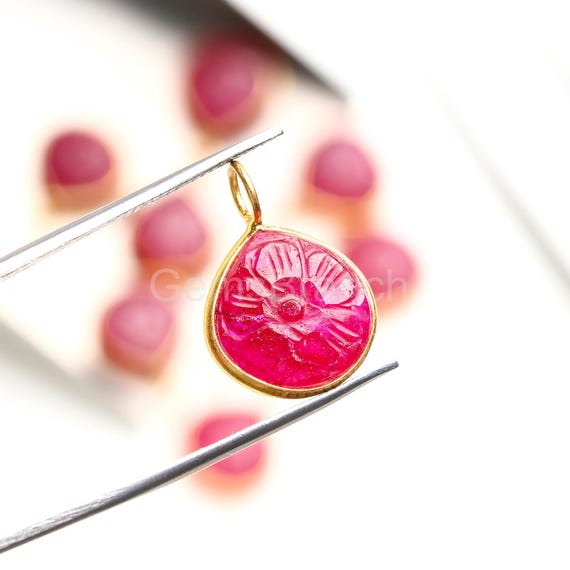 Natural Ruby Flower Pendant Charm ~ Hand Carved Gemstone Jewelry ~ Ruby Carved Heart Charms for Jewelry ~ 925 Sterling Silver Pendant - 12mm