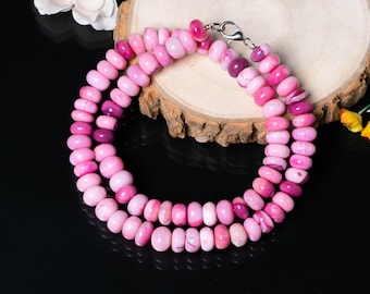 Pink Opal Beaded Necklace, Opal Smooth Rondelle Necklace, Handmade Opal Necklace, Candy Opal Jewelry, Handcrafted Necklace, Gemstone Jewelry
