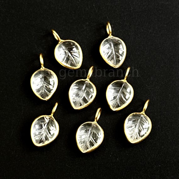 Natural Crystal Quartz Carved Leaf Pendant for Jewelry Making 925 Silver Gold Vermeil Gemstone Leaf Charms Handmade Clear Quartz Leaf 10mm