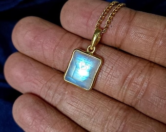 14K massivt gult guld månstenshänge, naturlig regnbågsmånstenshänge, bezelhänge, rektangulärt hänge, juni födelsesten, julklapp