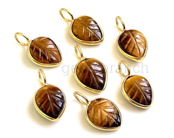 Natural Tiger Eye Carved Leaf Pendant for Jewelry Making 925 Sterling Silver Gold Vermeil Gemstone Leaf Charms Tiger Eye Leaf Pendant Charms