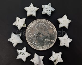 May include: Nine white star-shaped gemstones with black and green inclusions, arranged around a coin. The gemstones are on a black surface. The stars are approximately 2 cm in diameter.