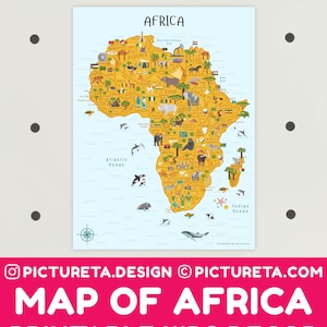 Kinder-Wand-Kunst - Afrika, Karte Kunst, Spielzimmer Dekor, INSTANT DOWNLOAD, Klassenzimmer Dekor, Homeschool, Montessori, Karte von Afrika, afrikanische Tiere