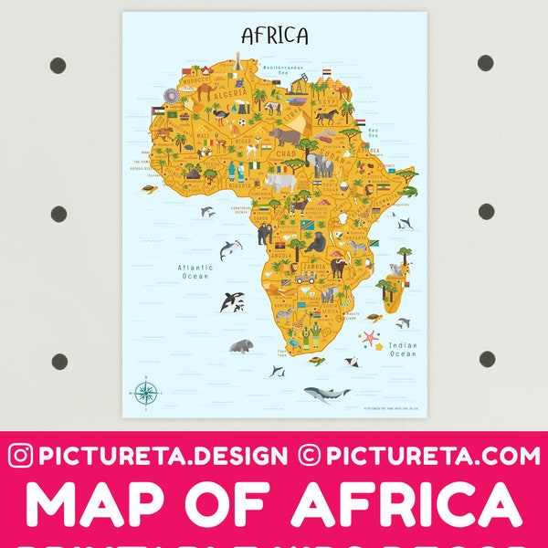 Kids Wall Art - Africa, Map Art, Playroom Decor, INSTANT DOWNLOAD, Classroom Decor, Homeschool, Montessori, Map of Africa, African Animals