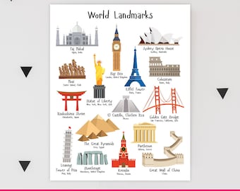 World Landmarks Nursery Art Print: Travel Theme Decor (Digital Download)