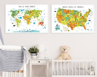 Nursery Wall Art, World Map, USA Map, Montessori, Nursery Decor, Baby Shower Gift, Playroom Décor, Baby Gift, Set of 2 Posters