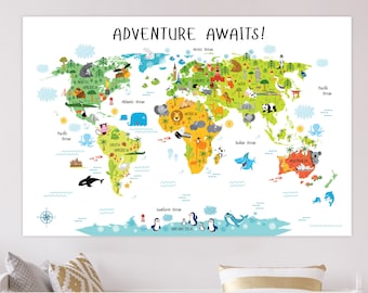 Kids World Map Poster, Animal World Map, Playroom Wall Decor, Nursery World Map, Kids Room Art, Nursery Art, Animal Art, World Map Poster
