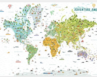 Animal World Map, Children's Map, Playroom Map, Kids World Countries Map, Educational Map, Safari Map, Kids Wall Art, Laminated World Map