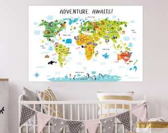 Animal World Map Print, Map Wall Art, Baby Decor, Nursery Room, Educational Print, Nursery Map, Children's Room Decor, Playroom Print