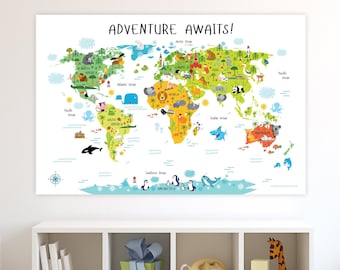 Animal world map, Playroom Wall Decor, Kids Poster, Nursery World Map, Kids Room Art, Children Wall Art, Kids Map, World Map Poster
