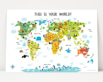 World map print for kids, Animal World map print, Nursery kids decor,  Playroom art, World map illustration, Children art print, Educational