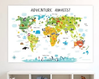 Kids World Map, Nursery Playroom Decor, Educational Wall Art