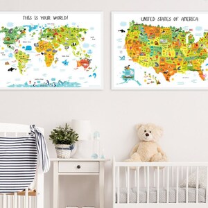 Nursery Wall Art, World Map, USA Map, Montessori, Nursery Decor, Baby Shower Gift, Playroom Décor, Baby Gift, Set of 2 Posters