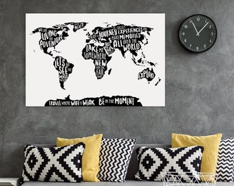 Typography World Map Print: Inspirational Travel Quotes (Digital Download)