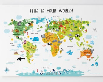 World Map Canvas, Unique Baby Gift, Kids World Map, Playroom Decor, Nursery Decor, First Birthday Gift, Playroom Art