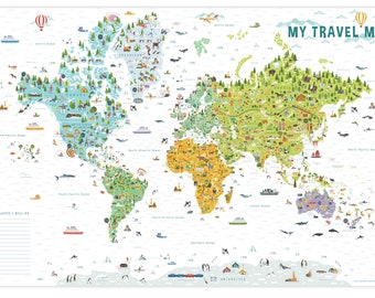 Kids Travel Map, Gift for Kids, Playroom Decor, Geography Wall Art, World Map, Homeschool Room Art, Kids Room Map, Kids Wall Decor Map