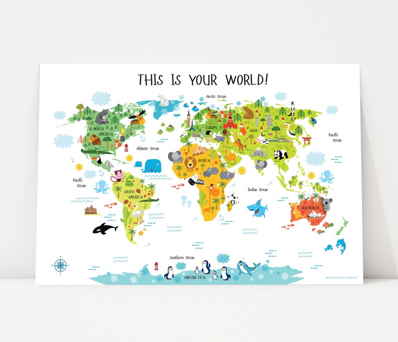 World map print for kids, Animal World map print, Nursery kids decor, Playroom art, World map illustration, Children art print, Educational image 1