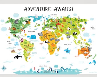 Adventure Awaits Baby Shower, Baby Shower Decorations, World Map, Adventure Nursery, Baby Shower Gift, Baby Shower Sign, World Map
