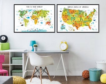 Classroom Decor, World Map and USA map for Kids 2 Posters, Back to School, Homeschool Classroom, Kids World Map, Homeschool Decor, Preschool