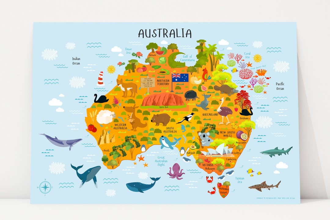 Australia Map Kids, Australian Animals, Nursery Decor, Kids Gift ...