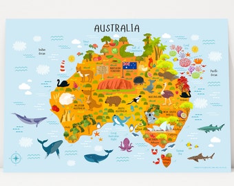 Australia Map Kids Poster: Australian Animals Nursery Decor