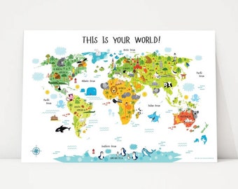 Nursery Wall Art, World Map for Kids, Nursery Decor, Animal Nursery, Baby Room Decor, Playroom Decor, Baby Gift, Baby Nursery Decor