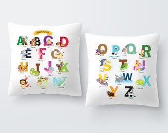 Throw Pillow, Alphabet, Animal Alphabet, Children's Animal ABC, Nursery Decor, Baby Shower Gift, Playroom Decor, Baby Gift, ABCs, ABC Decor