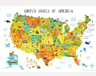 Kids USA Map Poster: Playful States, Animals, Landmarks