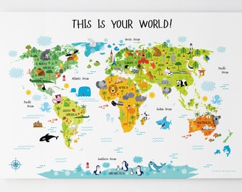World Map Canvas: Educational Nursery Wall Art, Kids Playroom Decor