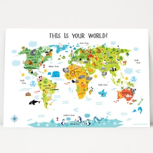 Kids World Map, Playroom Wall Decor, Nursery World Map, World map poster, Animal World Map, Kids Room Wall Map, Illustrated World Map