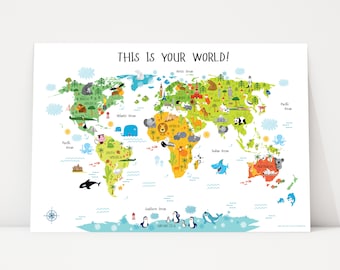 Animal World Map Poster: Educational Kids Playroom Decor
