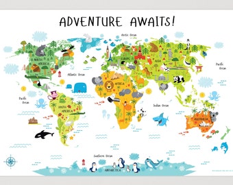 Adventure Awaits, World Map Poster, Baby Room Ideas, Kids Room Decor, Nursery Wall Art, Woodland Animals, Playroom Decor, Unique Baby Gift