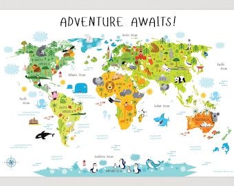 Adventure Awaits World Map Poster: Kids Nursery Decor
