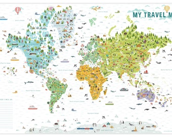 Travel Map, Kids World Map, World Map Poster, World Map Wall Art, Playroom Decor, Kids Room Decor, Animal World Map, USA, Canada