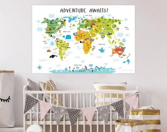 Playroom Decor, Nursery Decor, Kids World Map, Baby Gift, First Birthday Gift, Playroom Art, Baby Shower Gift, World Map, Nursery Wall Art