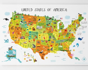 Kids US Map: Playroom Wall Art, USA Landmarks Poster or Canvas