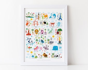 Travel Alphabet Nursery Poster: Animal ABC Print, World Landmarks