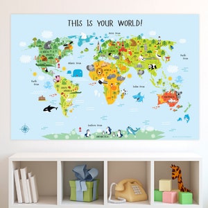 Kinder Weltkarte, druckbare Wandkunst, sofortige DOWNOAD, Kinderzimmer Dekor, Weltkarte, Baby-Geschenk, Baby-Dusche-Geschenk, Spielzimmer Dekor