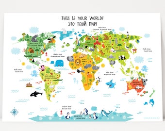 World Map for Kids in Russian-English - Digital Download World Map for Kids, Playroom Art, Nursery Decor, Children’s World Map,