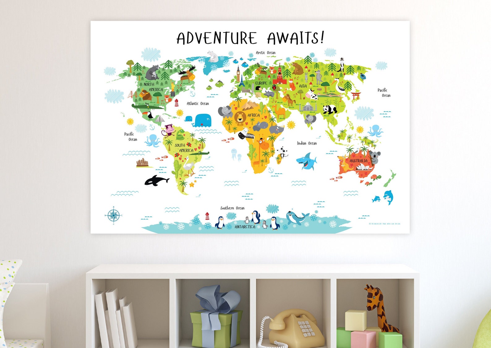 Kids World Map Poster, Playroom Wall Decor, Animal Theme - Etsy