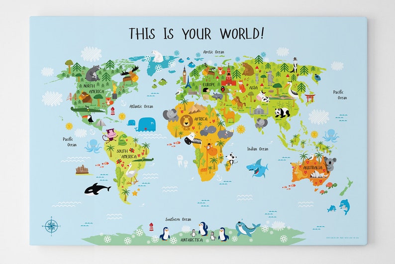 World map print for kids, Animal World map print, Nursery kids decor, Playroom art, World map illustration, Children art print, Educational image 6