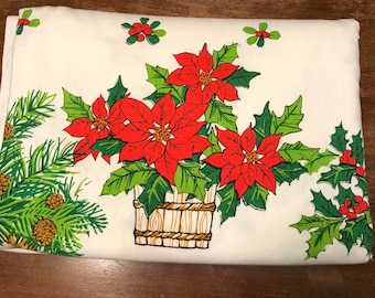 Vintage Christmas Table Cloth! 60” x 96”. Poinsettia Table Cloth. Rectangular Christmas Tablecloth. Rustic Christmas Tablecloth