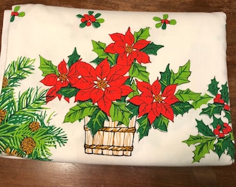 Vintage kersttafelkleed! 60 "x 96". Poinsettia-tafelkleed. Rechthoekig kersttafelkleed. Rustiek kersttafelkleed