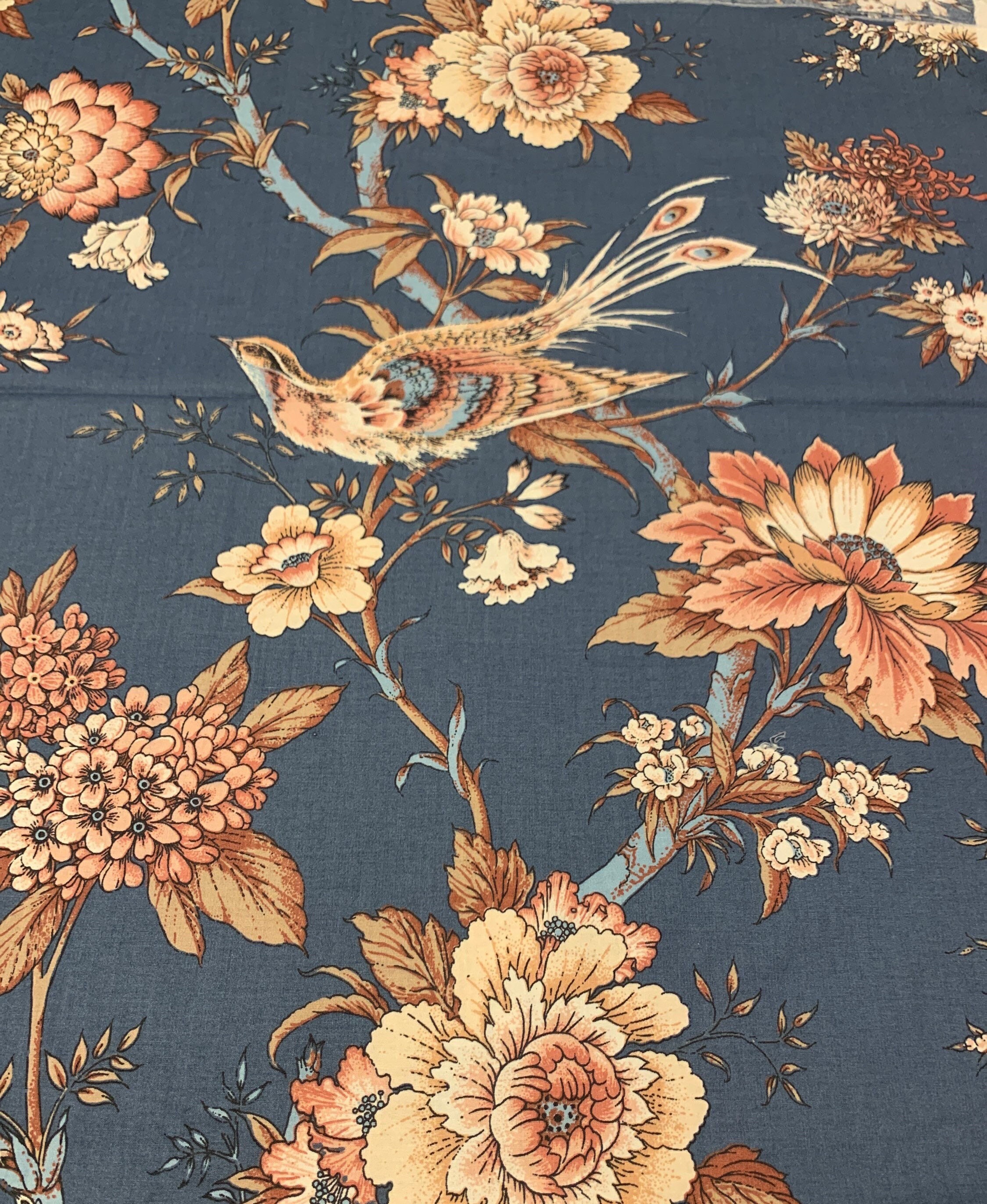 Vintage Jacobean Fabric. 1/2 yd. Blue Upholstery Fabric. Etsy