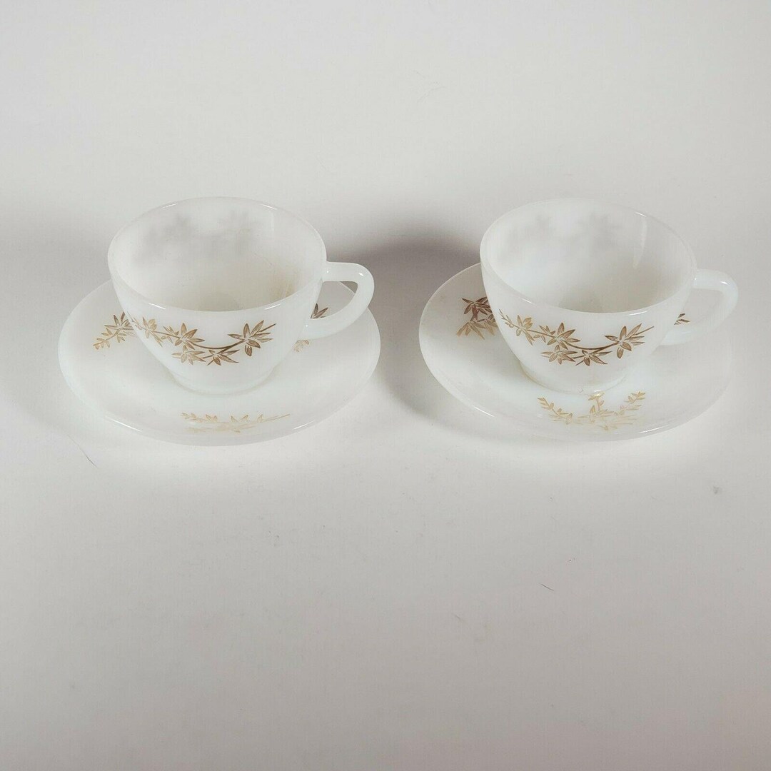 Federal Glass Milk Glass Tea Cups & Saucers With Gold Floral Design Set