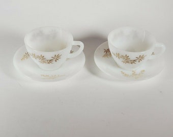 Federal Glass Milk Glass Tea Cups & Saucers With Gold Floral Design Set Of Two