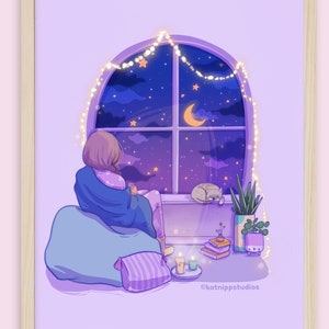 Cosy Night Magical Art Print ~ Kawaii Pastel Wallart ~ Lofi Chill Magic Print  ~ Pastel Aesthetic Art Print ~ Magic Girl Wall Art