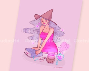 Love Potion ~ Purple Witch Art Print ~ Lust Potion ~ Witches and Wizards ~ Magic Wallart  ~ Kawaii Illustrations by Katnipp Studios