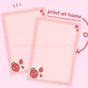 Juego de letras de fresas pequeñas kawaii / Papelería con letras digitales lindas / Papelería kawaii / Papel de cartas / Papel digital kawaii / Katnipp